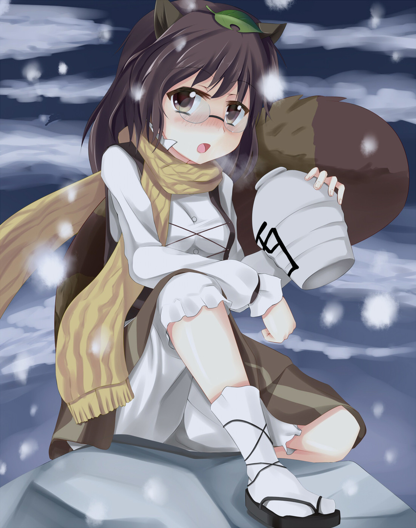 alcohol animal_ears bloomers blush brown_dress brown_eyes brown_hair dress east01_06 futatsuiwa_mamizou glasses highres leaf leaf_on_head looking_at_viewer open_mouth pince-nez raccoon_ears raccoon_tail sake sandals scarf short_hair sitting snow socks solo tail touhou underwear white_legwear wild_and_horned_hermit