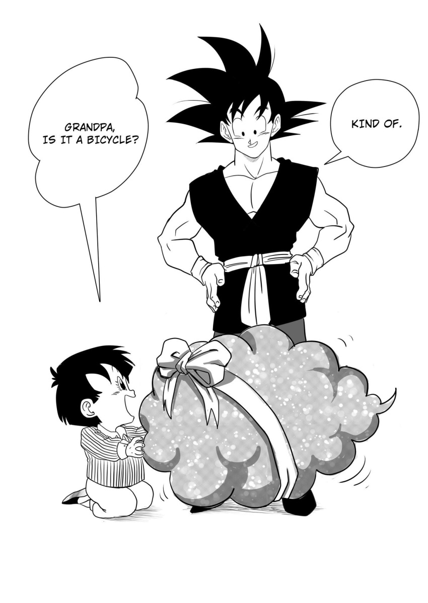 1boy 1girl :d black_eyes black_hair commentary dougi dragon_ball dragonball_z english_commentary english_text fingernails flying_nimbus full_body gift grandfather_and_granddaughter greyscale hand_on_hip happy highres kneeling long_sleeves looking_down looking_up monochrome open_mouth pan_(dragon_ball) profile ribbon seiza short_hair simple_background sitting smile son_gokuu speech_bubble spiked_hair standing white_background wristband