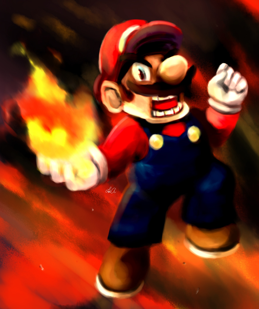 angry artist_request blue_eyes boots cap clenched_hand facial_hair fire fireball fist gloves hat highres mario mario_(series) mustache nintendo super_mario_bros. suspenders teeth