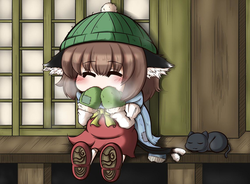 :3 ^_^ animal_ears blush bobblehat brown_hair cat cat_ears cat_tail chen closed_eyes gloves hat mittens ribbon scarf short_hair sitting skirt sleeping smile solo tail touhou ziogon