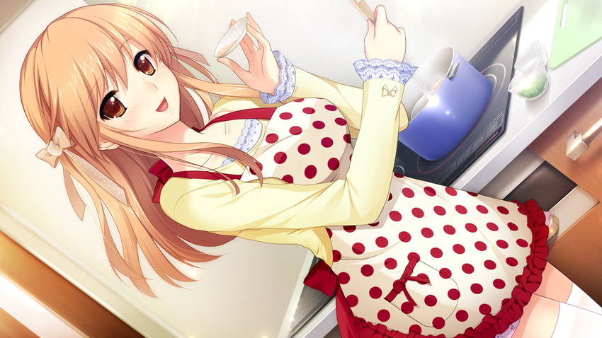 apron brown_eyes brown_hair cooking dutch_angle game_cg hatsukoi_1/1 koizumi_amane long_hair morino_yukino polka_dot polka_dot_apron pot ribbon solo stove unmoving_pattern