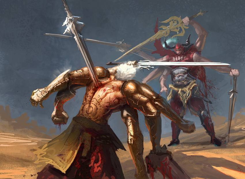 asura's_wrath asura_(asura's_wrath) blood crossover desert drawfag final_fantasy gilgamesh_(final_fantasy) injury male_focus multiple_arms multiple_boys sword weapon