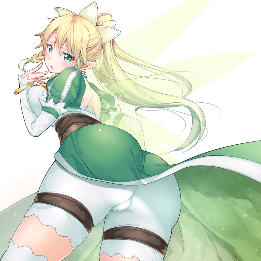 ass blonde_hair blush braid breasts chobipero fairy_wings green_eyes green_wings highres huge_breasts leafa long_hair open_mouth pointy_ears ponytail solo sword_art_online thighhighs twin_braids wings