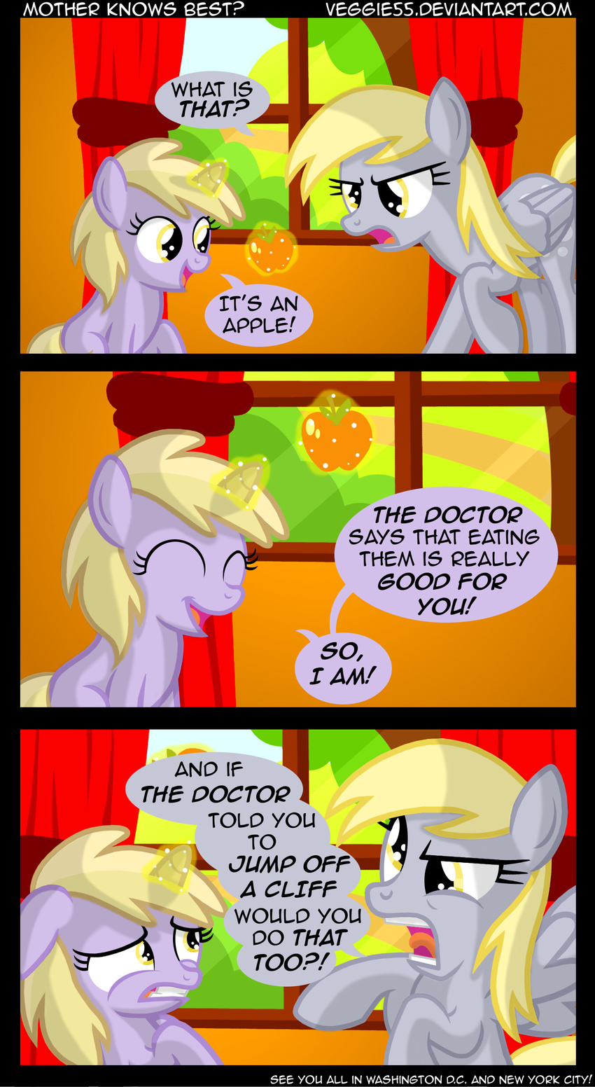 apple blonde_hair comic cub cutie_mark derpy_hooves_(mlp) dialog dialogue dinky_hooves_(mlp) english_text equine female feral friendship_is_magic fruit hair horn horse levitation mad magic mammal my_little_pony nervous pegasus pony sparkles text unicorn veggie55 wings yellow_eyes young