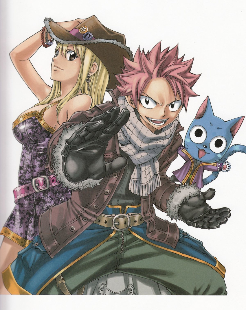 1boy 1girl blonde_hair cowboy_hat earrings fairy_tail gloves happy_(fairy_tail) hat highres jewelry lucy_heartfilia mashima_hiro natsu_dragneel scarf smile