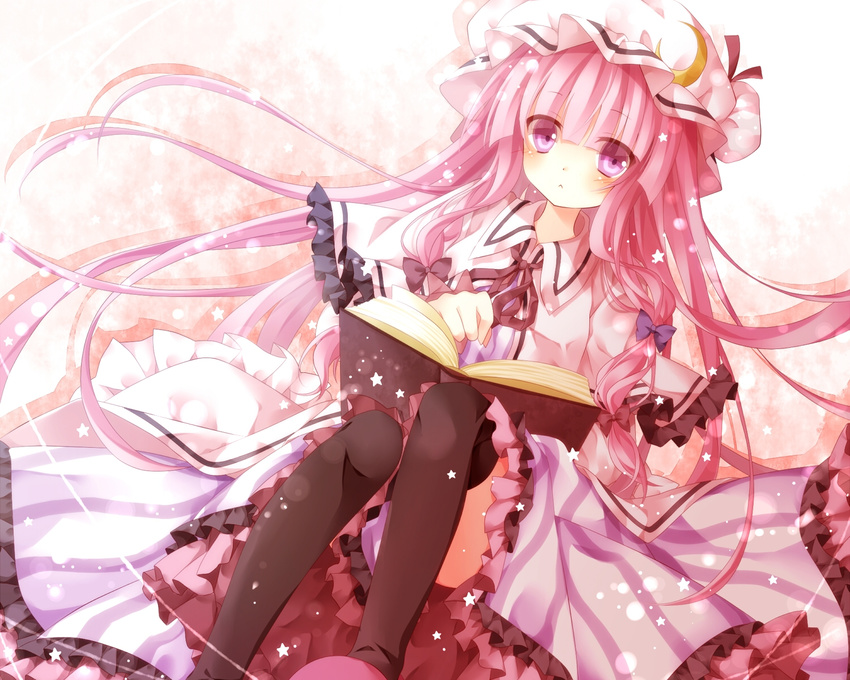 blush book dress hat long_hair mog_(artist) patchouli_knowledge thighhighs touhou