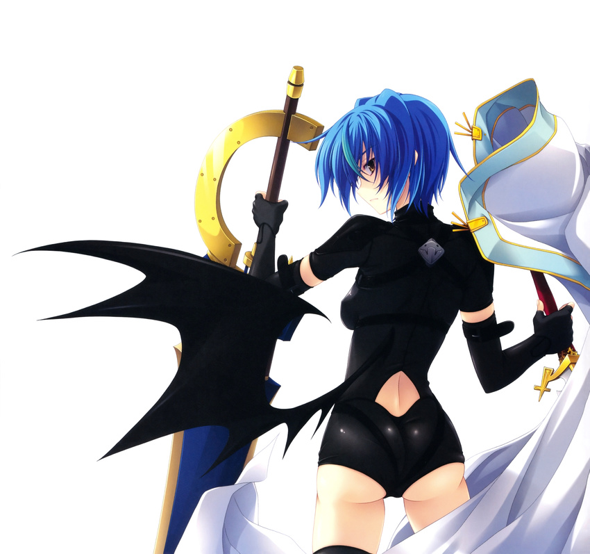 absurdres arm_strap ass back back_cutout bangs bat_wings black_gloves black_legwear blue_hair cloak clothes_removed cowboy_shot dual_wielding elbow_gloves fingerless_gloves from_behind gloves green_hair hair_between_eyes high_school_dxd highres holding huge_weapon leotard looking_at_viewer looking_back low_wings miyama-zero multicolored_hair multiple_swords official_art profile scan serious short_hair simple_background solo strap streaked_hair sword thighhighs turtleneck two-tone_hair weapon white_background wings xenovia_quarta