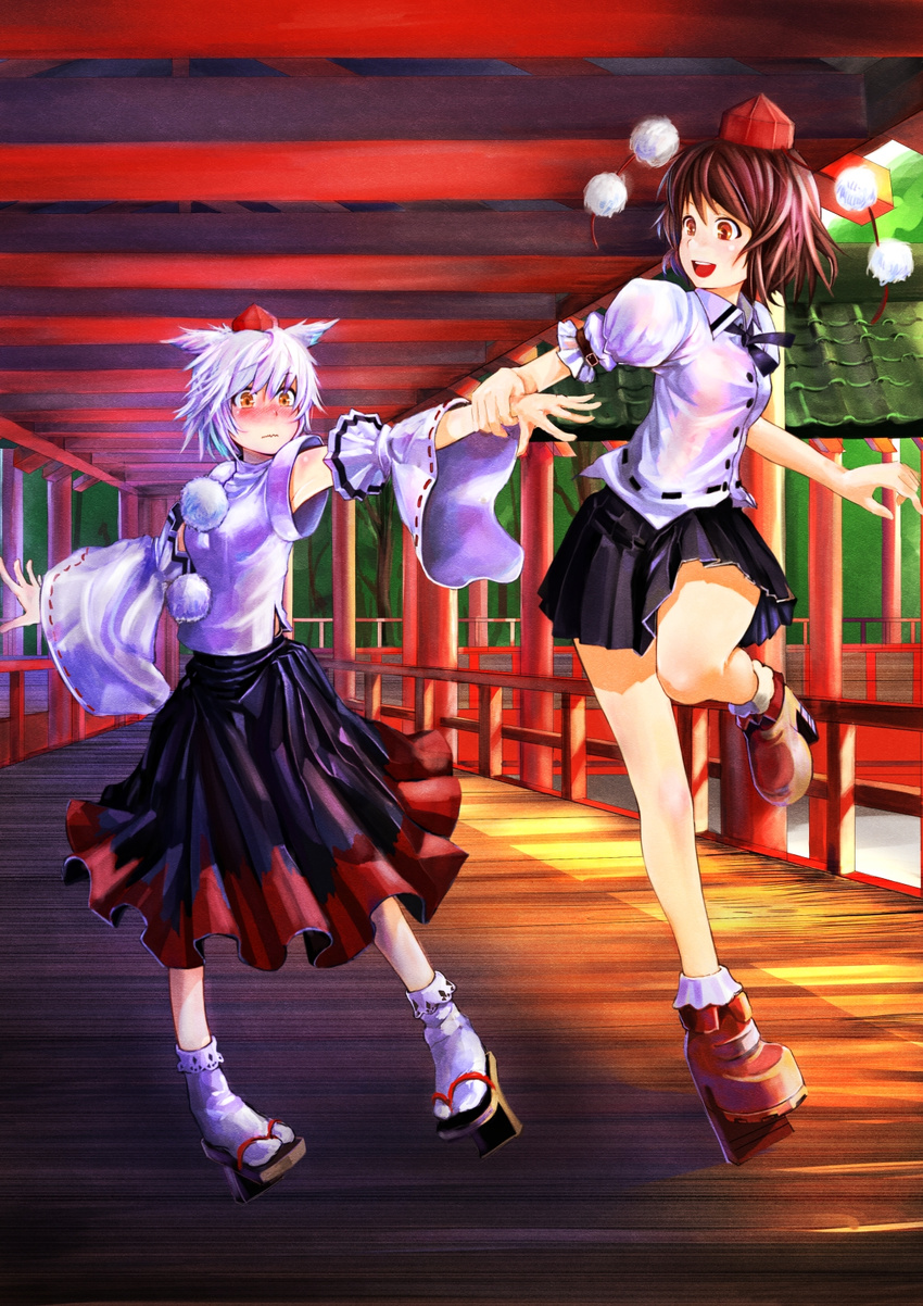 animal_ears arm_grab bare_shoulders blush brown_hair detached_sleeves geta hat highres inubashiri_momiji koruse multiple_girls open_mouth pom_pom_(clothes) puffy_sleeves red_eyes shameimaru_aya short_hair short_sleeves skirt smile tokin_hat touhou white_hair wide_sleeves wolf_ears