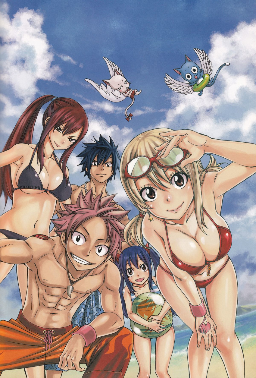 2boys 3girls abs beach bikini blonde_hair breasts charle_(fairy_tail) cleavage erza_scarlet fairy_tail gray_fullbuster happy_(fairy_tail) highres large_breasts lucy_heartfilia mashima_hiro multiple_boys multiple_girls muscle natsu_dragneel ocean red_hair smile swimsuit underboob wendy_marvell