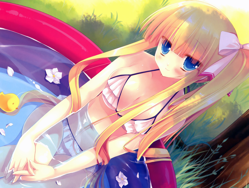 bikini blonde_hair blue_eyes cleavage dengeki_moeoh flowers long_hair miyasu_risa original swimsuit water