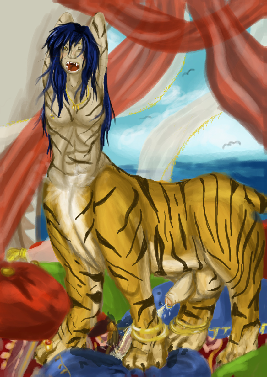 feline kaeaskavi male mammal nude open_mouth oriental peeing solo taur tiger urine watersports yawn