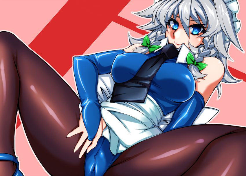 bare_shoulders black_legwear blue_eyes blue_leotard braid breasts izayoi_sakuya large_breasts leotard maid_headdress necktie pantyhose ribbon short_hair silver_hair smile solo spread_legs strappy_heels tajima_yuuki touhou twin_braids