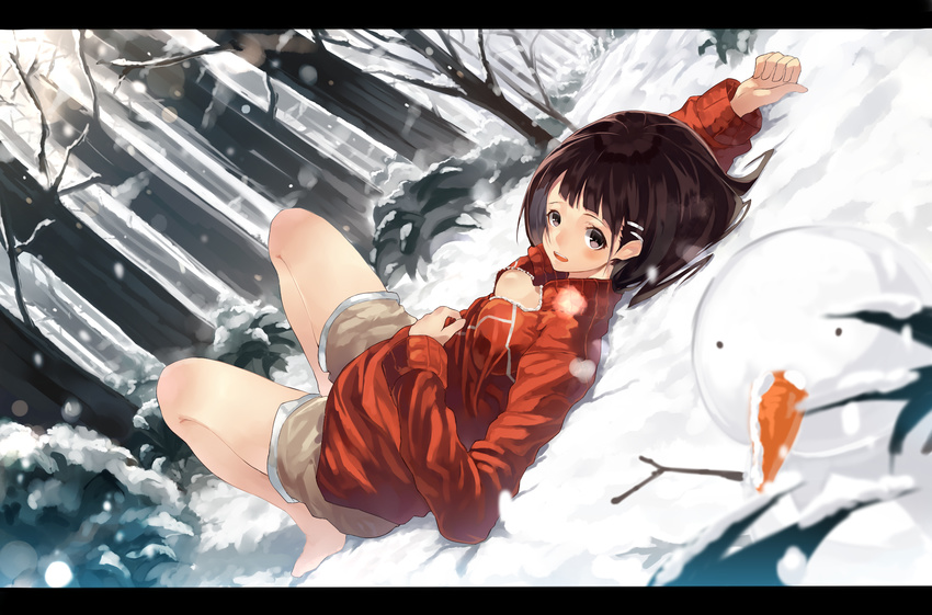 bad_id bad_pixiv_id bare_tree black_hair brown_eyes bush dutch_angle forest hair_ornament hairclip hajime_kaname highres kirigaya_suguha letterboxed looking_at_viewer lying nature on_back shorts snow snowing snowman solo sword_art_online tree unzipped