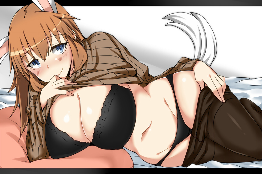 animal_ears bed black_bra black_legwear black_panties blue_eyes blush bra breasts brown_hair bunny_ears bunny_tail charlotte_e_yeager cleavage crotch_seam groin huge_breasts komusou_(jinrikisha) long_hair looking_at_viewer lying navel on_side orange_hair panties pantyhose pantyhose_pull pillow ribbed_sweater smile solo strike_witches sweater tail thighband_pantyhose underwear world_witches_series
