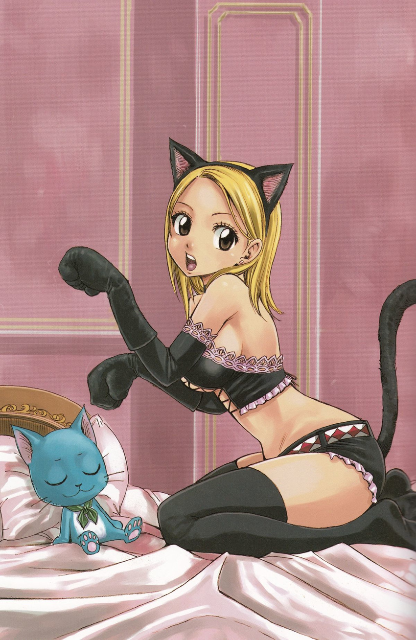 animal_ears bed blonde_hair breasts cat_ears cat_tail eyes_closed fairy_tail happy_(fairy_tail) highres large_breasts lucy_heartfilia mashima_hiro pillow tail