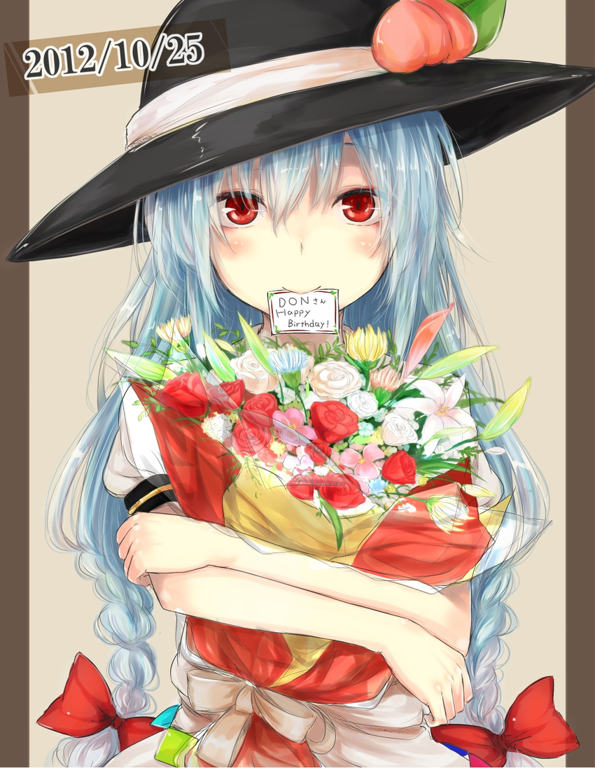 blue_hair blush bouquet dated flower food fruit happy_birthday hat hat_ribbon highres hinanawi_tenshi long_hair looking_at_viewer mouth_hold object_hug peach pillarboxed red_eyes ribbon solo touhou upper_body yushika