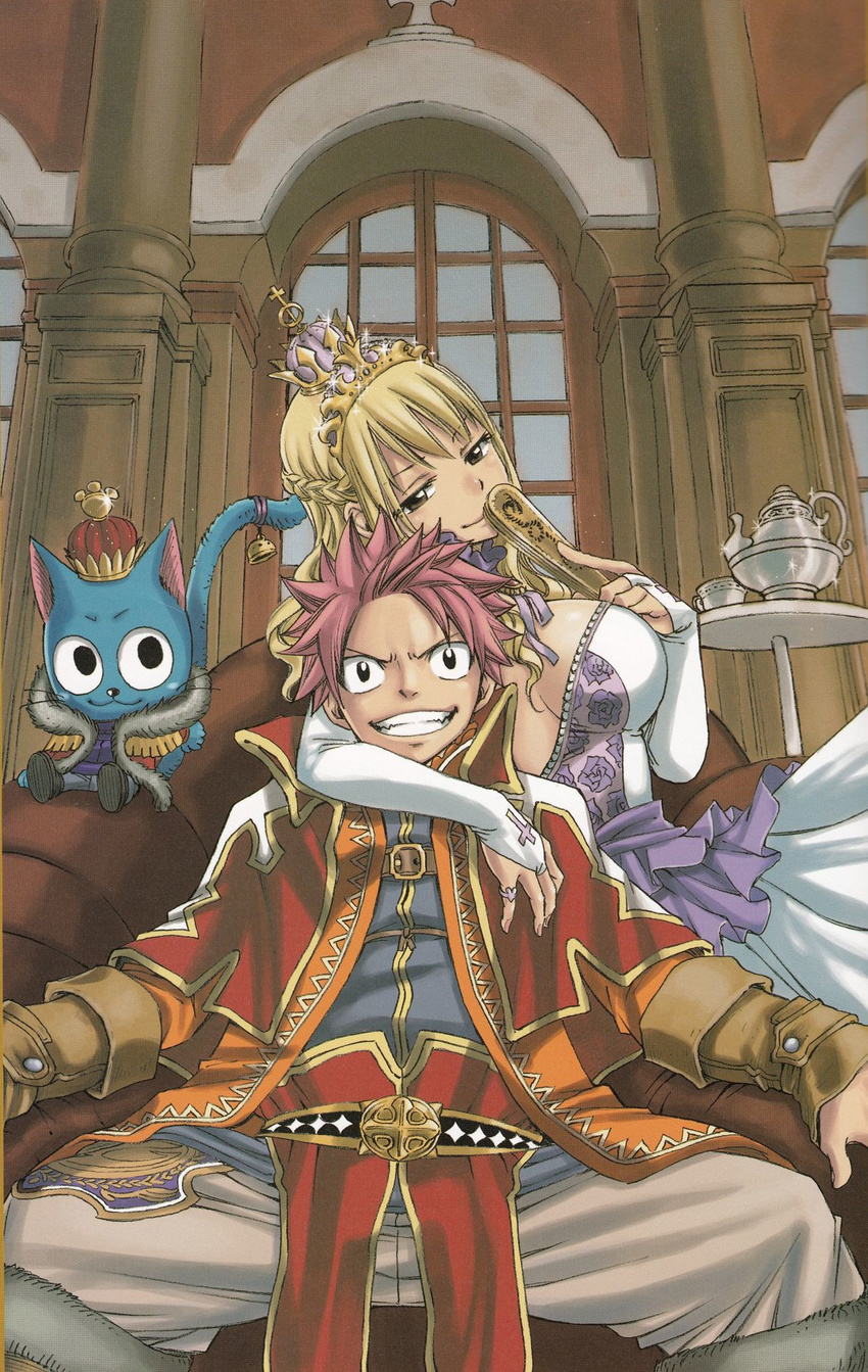 arm_around_neck breasts chair crown fairy_tail happy_(fairy_tail) highres large_breasts lucy_heartfilia mashima_hiro natsu_dragneel sitting smile table