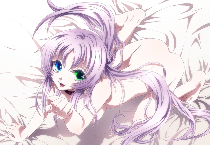 all_fours ao_y_snow ass bad_id bad_pixiv_id bell blue_eyes breasts choker feet green_eyes heterochromia jingle_bell k_(anime) large_breasts legs long_hair neko_(k) nude paw_pose purple_hair sideboob solo very_long_hair