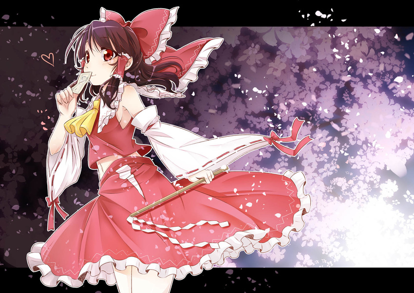 ascot bow brown_hair detached_sleeves gohei hair_bow hair_tubes hakurei_reimu haruki_(colorful_macaron) heart highres jpeg_artifacts long_hair ofuda red_eyes skirt skirt_set smile solo touhou yen