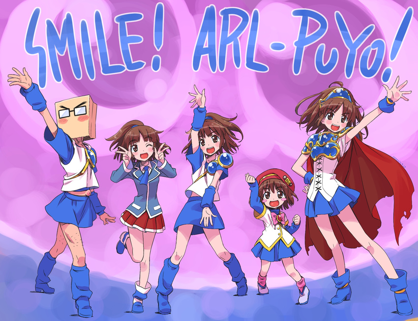 4girls :d arle_nadja armor armored_dress bag bag_over_head beret blue_skirt blush blush_stickers breastplate brown_eyes brown_hair cape child choppun cure_happy_pose double_v hand_on_hip hat highres isedaichi_ken madou_monogatari multiple_girls multiple_persona one_eye_closed open_mouth paper_bag parody ponytail pose precure puyopuyo school_uniform skirt smile smile_precure! v younger