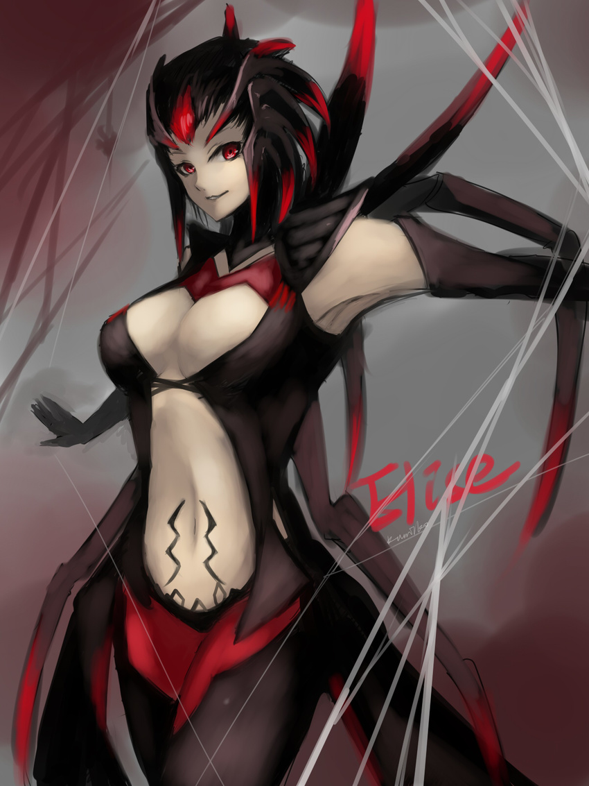 black_gloves black_hair breasts center_opening cleavage elbow_gloves elise_(league_of_legends) gloves highres insect_girl kumiko_shiba large_breasts league_of_legends multicolored_hair navel red_eyes red_hair solo spider_girl two-tone_hair