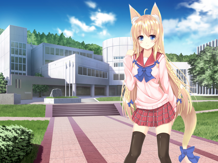 animal_ears blonde_hair blue_eyes foxgirl long_hair original photoshop seifuku sogaya tail thighhighs