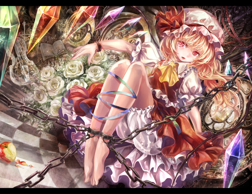 apple ascot bad_id bad_pixiv_id bare_legs barefoot blonde_hair bloomers book chain chained checkered checkered_floor crying cuffs flandre_scarlet flower food fruit hat hat_ribbon head_tilt instrument letterboxed long_hair open_book open_mouth red_eyes ribbon rose shackles short_hair side_ponytail skirt skirt_set solo tears torino_akua touhou underwear violin white_flower white_rose wings