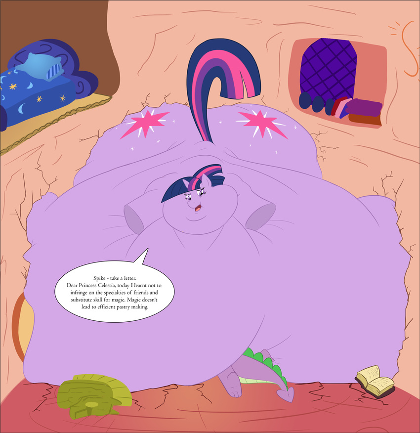 bigger_than_a_building crush crushing cutie_mark dark_hair dear_princess_celestia duo english_text equine female feral friendship_is_magic giant hair hi_res horn horse magic male mammal morbidly_obese multi-colored_hair my_little_pony obese oh_my_jeebus overweight pony samael spike spike_(mlp) text twilight_sparkle_(mlp) two-toned_hair two_tone_hair unicorn