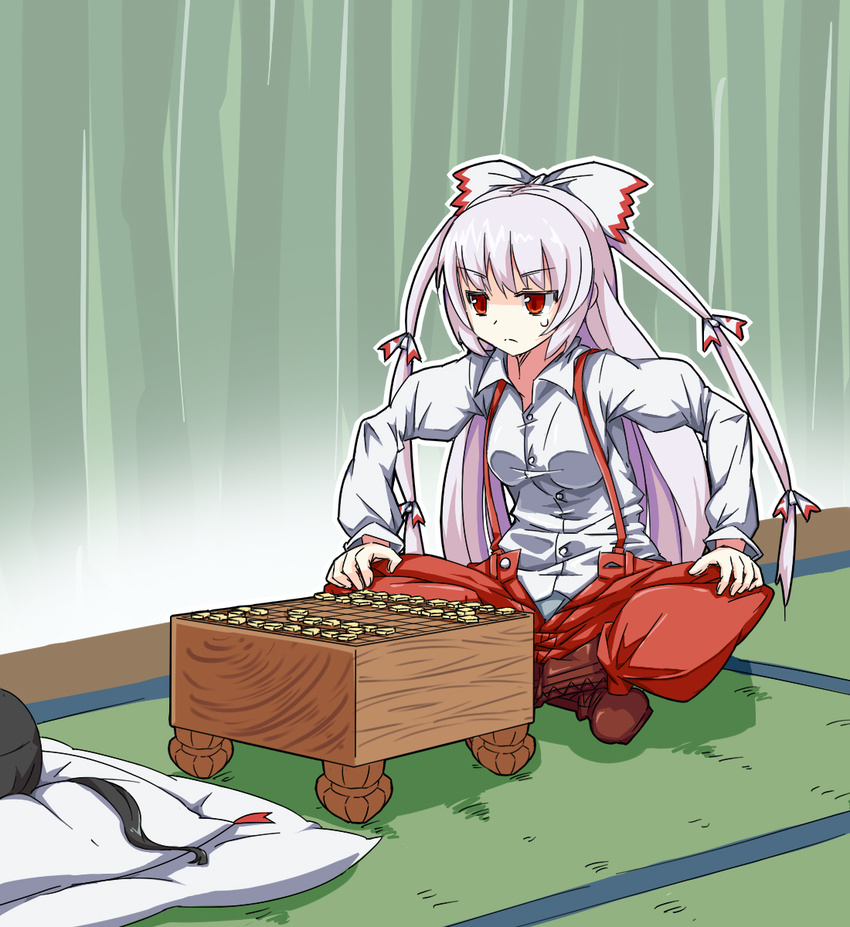 black_hair board_game bow commentary cro fujiwara_no_mokou hair_bow hair_ribbon highres houraisan_kaguya long_hair long_sleeves lying pants pillow red_eyes ribbon shougi silver_hair sitting sleeping solo_focus suspenders sweatdrop touhou very_long_hair