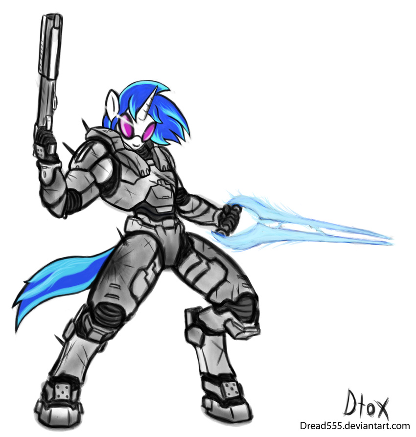 anthrofied armor crossover dread555 equine eyewear female friendship_is_magic glasses gun halo halo_(series) hi_res horn mammal melee_weapon my_little_pony parody plain_background ranged_weapon solo sunglasses sword unicorn video_games vinyl_scratch_(mlp) weapon white_background