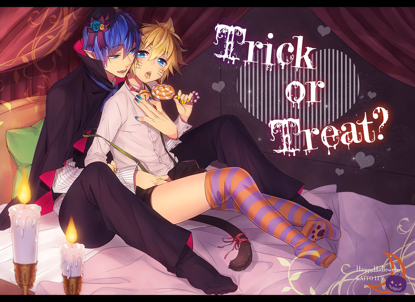 2boys animal_ears blonde_hair blue_eyes blue_hair candy cape cat_ears cat_tail english fangs geji_(rodents) halloween happy_halloween hat kagamine_len kaito male male_focus multiple_boys on_bed open_mouth shorts sitting striped striped_legwear tail thighhighs trick_or_treat vampire vocaloid yaoi