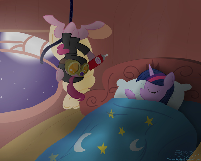 bed bedroom duo equine eyes_closed eyewear female feral friendship_is_magic fur goggles hair hi_res horn horse mammal mikoruthehedgehog moon my_little_pony night pink_fur pink_hair pinkie_pie_(mlp) pony rope signature sleeping stars twilight_sparkle_(mlp) two_tone_hair unicorn upside_down