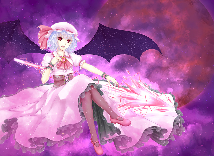 ascot bad_id bad_pixiv_id bat_wings blue_hair full_moon hat hat_ribbon moon open_mouth polearm primamiya red_eyes red_moon remilia_scarlet ribbon short_hair smile solo spear touhou weapon wings wrist_cuffs