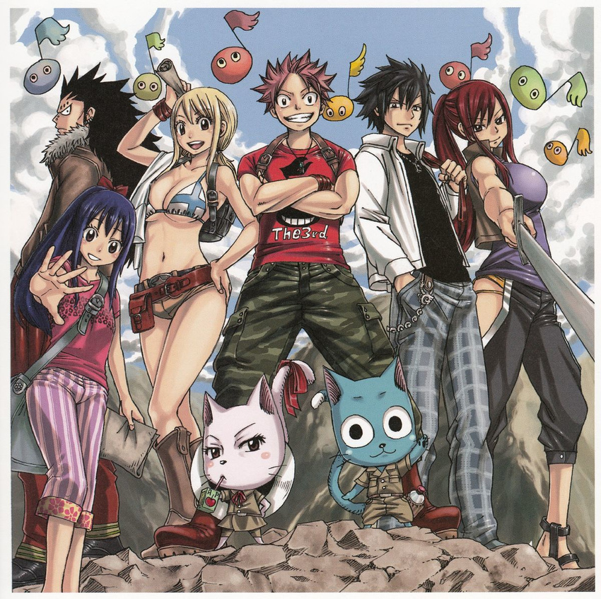 3boys 3girls blonde_hair breasts charle_(fairy_tail) crossed_arms drinking erza_scarlet fairy_tail gajeel_redfox gray_fullbuster happy_(fairy_tail) juice_box large_breasts lucy_heartfilia mashima_hiro multiple_boys multiple_girls musical_note natsu_dragneel red_hair sword weapon wendy_marvell