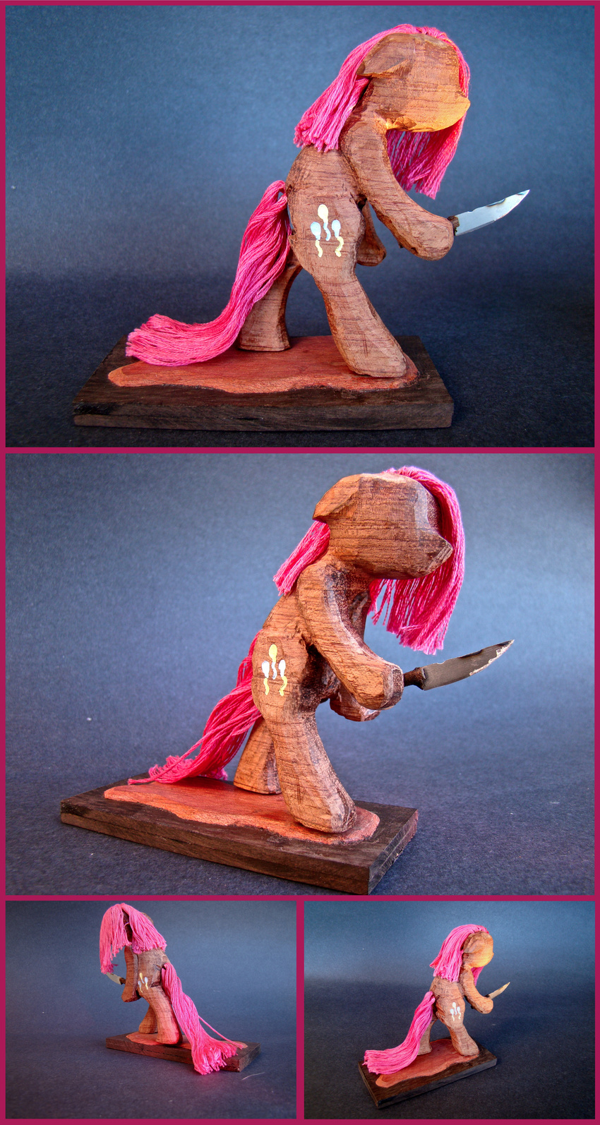 carving cutie_mark equine female friendship_is_magic hair hi_res horse knife mammal my_little_pony pink_hair pinkamena_(mlp) pinkie_pie_(mlp) pony sculpture solo walking wood xofox