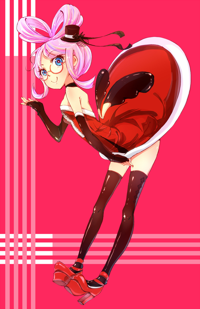 blue_eyes dress elbow_gloves fingerless_gloves food glasses gloves hat hato_haru high_heels highres mini_hat mini_top_hat nail_polish original personification pink_hair platform_footwear pocky shoes solo thighhighs top_hat zettai_ryouiki