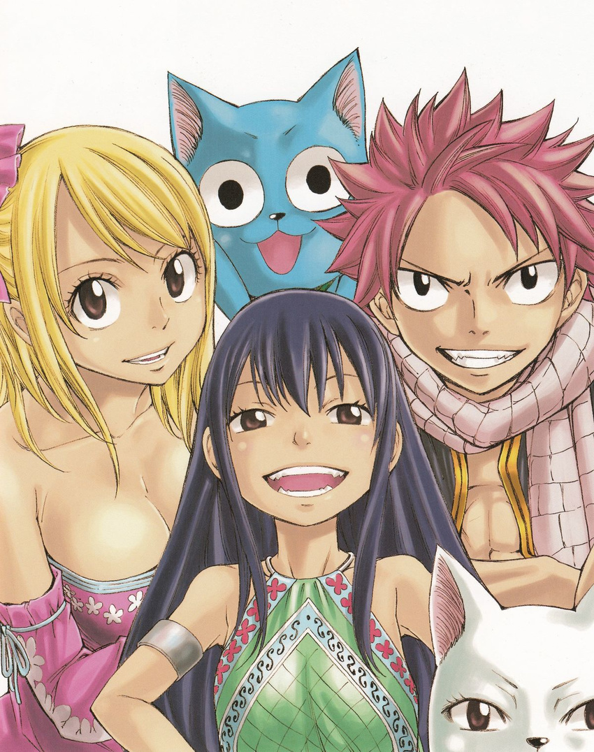 1boy 2girls bare_shoulders blonde_hair blue_hair breasts brown_eyes cat charle_(fairy_tail) cleavage detached_sleeves fairy_tail flat_chest happy_(fairy_tail) highres large_breasts long_hair lucy_heartfilia mashima_hiro multiple_girls natsu_dragneel open_mouth pink_hair scarf short_hair smile wendy_marvell