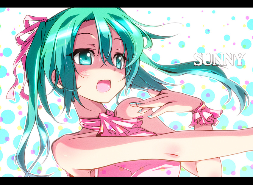 copyright_name g-ist green_eyes green_hair hair_ribbon hatsune_miku letterboxed long_hair nail_polish open_mouth ribbon solo twintails vocaloid