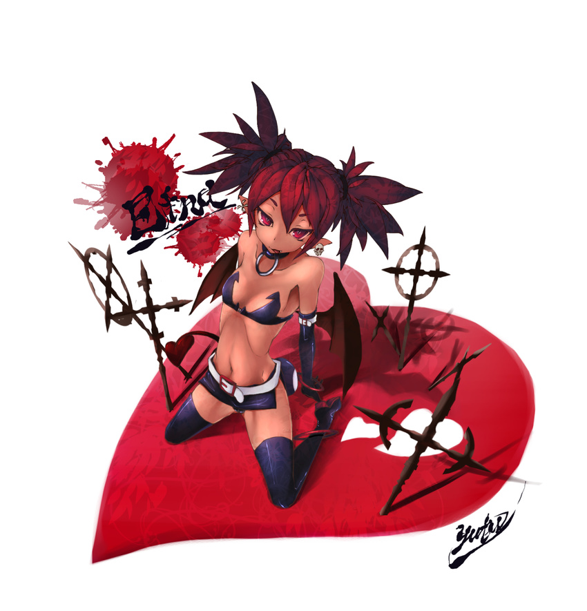 :p bare_shoulders belt boots breasts character_name choker cross demon_girl demon_tail disgaea earrings elbow_gloves etna etna_(artist) gloves heart highres jewelry kneeling looking_at_viewer pointy_ears red_eyes red_hair short_hair shorts skull small_breasts solo tail thigh_boots thighhighs tongue tongue_out twintails