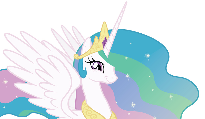 alpha_channel crown dharthez equine female feral friendship_is_magic fur gold hair hi_res horn looking_at_viewer mammal multi-colored_hair my_little_pony necklace plain_background portrait princess_celestia_(mlp) purple_eyes smile solo sparkles transparent_background white_fur winged_unicorn wings