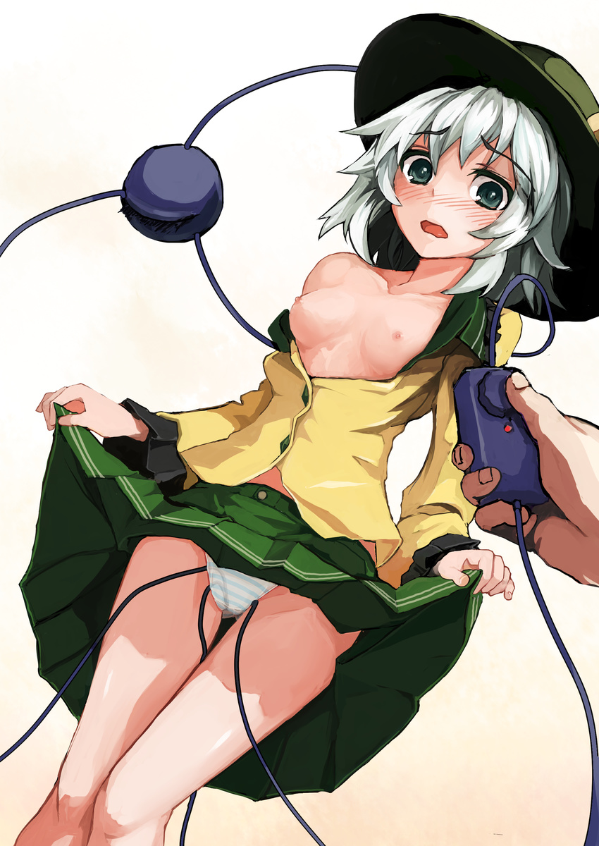 absurdres bad_id bad_pixiv_id bare_shoulders blush breasts dutch_angle ex green_eyes hat hetero highres komeiji_koishi nipples no_bra off_shoulder open_clothes open_shirt panties shirt short_hair silver_hair simple_background skirt skirt_lift small_breasts solo_focus striped striped_panties third_eye touhou underwear vibrator