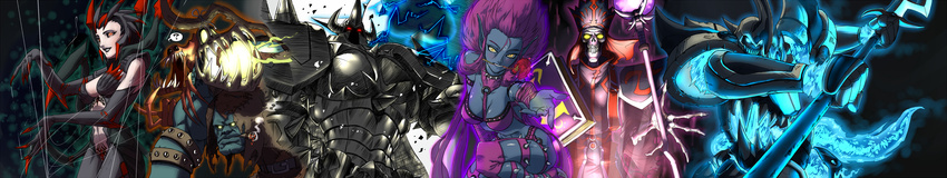 4boys ? absurdres ahoge armor big_hair black_hair black_skin blush breasts collar elise_(league_of_legends) evelynn facial_mark flower flower_in_mouth forehead_mark full_armor glowing glowing_eyes halberd hecarim helmet highres insect_girl karthus large_breasts league_of_legends long_image mordekaiser mouth_hold multiple_boys multiple_girls orange_eyes pale_skin pointy_ears polearm purple_hair ranger_squirrel reaching_out red_eyes rose sidelocks silk spider_girl spider_web spiked_collar spikes thighhighs weapon wide_image yellow_eyes yorick_mori