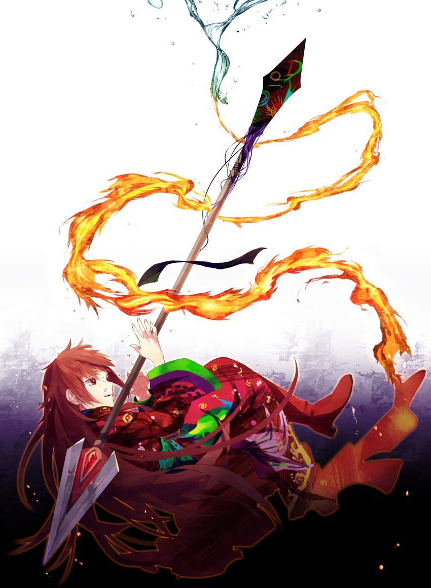 absurdres bad_id bad_pixiv_id boots bubble embers fang fire highres long_hair mahou_shoujo_madoka_magica ophelia_(madoka_magica) pietani397 polearm red_eyes red_hair ribbon sakura_kyouko spear spoilers tears water weapon