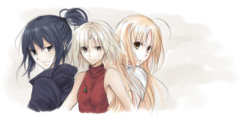 428 alphard bare_shoulders black_hair blonde_hair brown_eyes canaan canaan_(character) highres jewelry multiple_girls nashoki necklace oosawa_maria ponytail sleeveless sleeveless_turtleneck turtleneck upper_body yellow_eyes