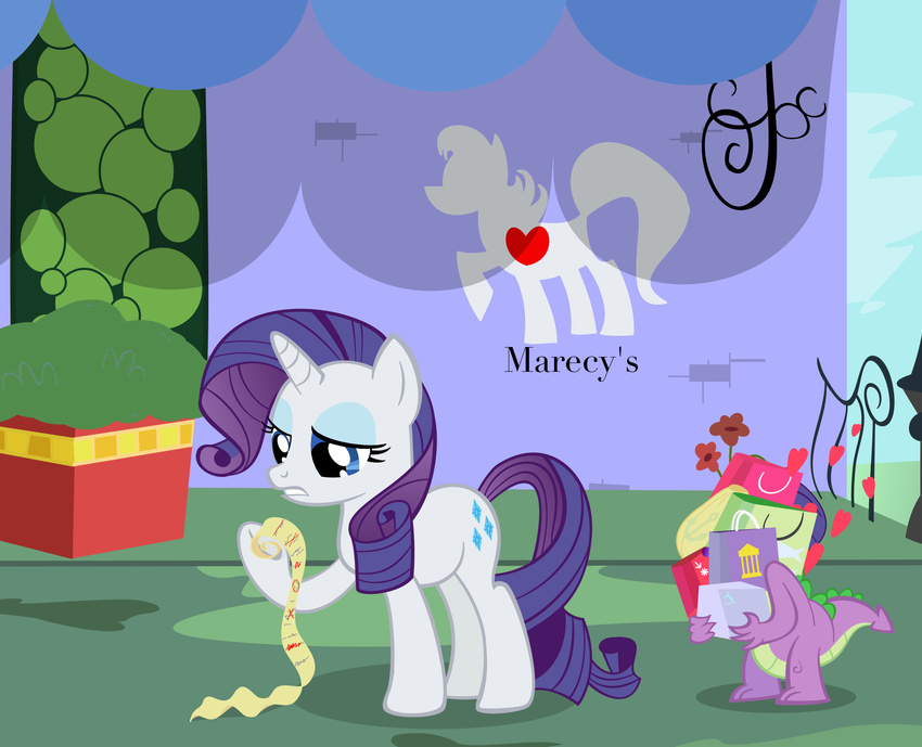 bags blue_eyes building cutie_mark dragon equine eyeshadow female feral friendship_is_magic half-closed_eyes hi_res horn list makeup male mammal my_little_pony outside rarity_(mlp) scalie spike_(mlp) thecoltalition unicorn
