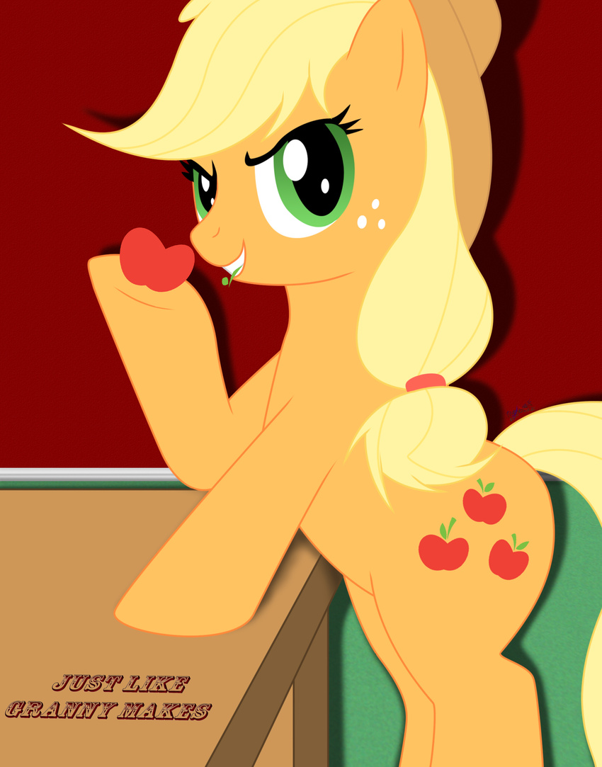 applejack_(mlp) arinlin18 blonde_hair cowboy_hat cutie_mark english_text equine female feral freckles friendship_is_magic fruit green_eyes hair hat horse mammal my_little_pony pony solo table text