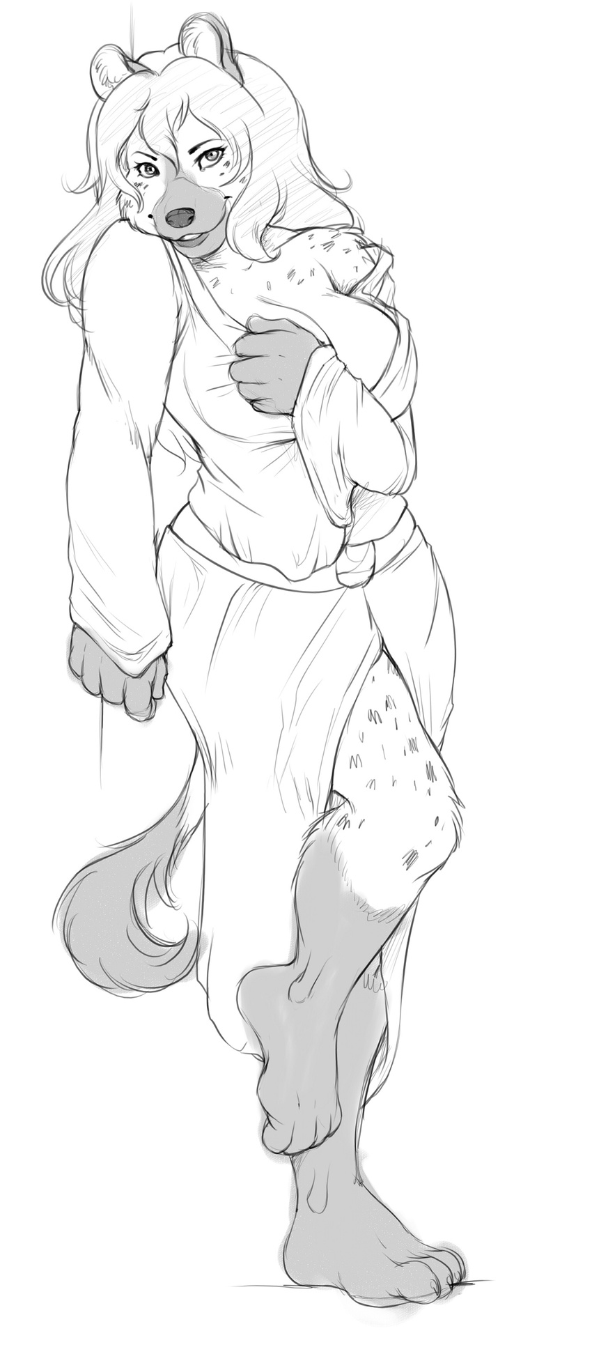 adeola_oshodi anthro barefoot big_breasts black_and_white breasts cleavage clothed clothing female hair hi_res hindpaw hyena long_hair looking_at_viewer mammal markings monochrome paws plain_background robe seductive sketch smile socks_(marking) solo spookable spots spotted_hyena standing toes voluptuous white_background wide_hips