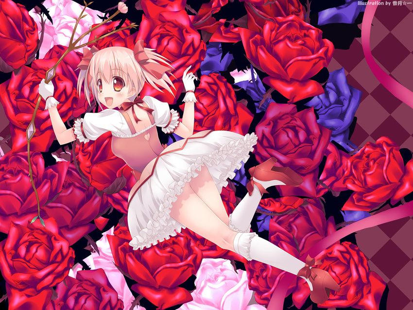 blush bow bow_(weapon) bubble_skirt flower from_behind gloves kaname_madoka kouzuki_hajime looking_back magical_girl mahou_shoujo_madoka_magica open_mouth pink_eyes pink_hair purple_flower purple_rose red_flower red_rose rose short_hair short_twintails skirt smile solo twintails weapon white_flower white_rose