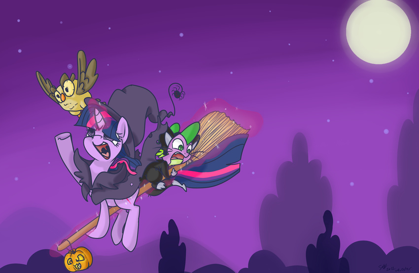 avian clothing costume cutie_mark dragon equine female feral flying friendship_is_magic fur hair horn imp_oster magic mammal moon multi-colored_hair my_little_pony night open_mouth owl owlowiscious_(mlp) purple_eyes purple_fur spike_(mlp) twilight_sparkle_(mlp) unicorn