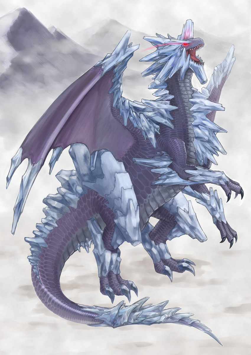 crystal crystals dnf dragon dungeon_and_fighter glowing glowing_eyes highres mountain mountains skasa_the_ice_dragon tail teeth wings